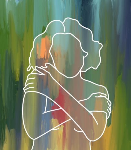 illustrated woman hugging herself on painted background